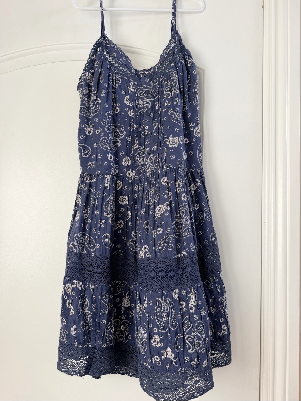 aerie Navy Blue Summer dress Paisley Button-Front with Lace Trim